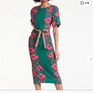 Boden Elspeth Poppy Floral Sheath Midi Dress Green Pink Womens Size 10P Petite